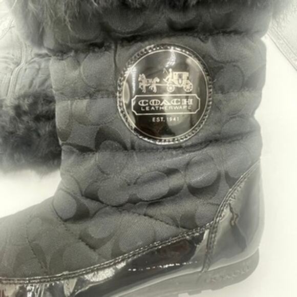 Coach Joyous A7303 Black Signature Logo Mid-Calf Snow Zip Boots 6 Fur Trim - Picture 2 of 8